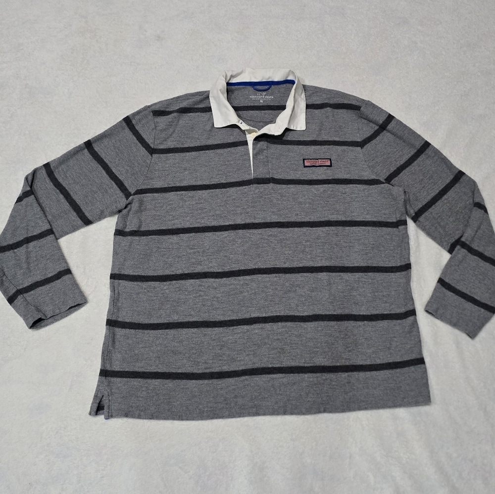 Men's Vineyard Vines Pullover Sweater Collared Rugby Cotton Grey Striped Size XL